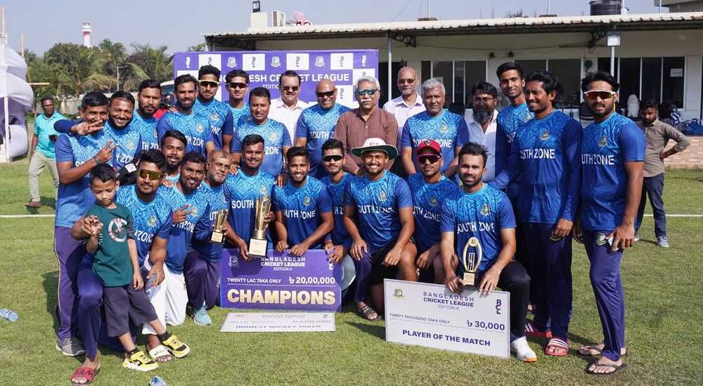Bangladesh Cricket League's champion, the South Zone, poses with the