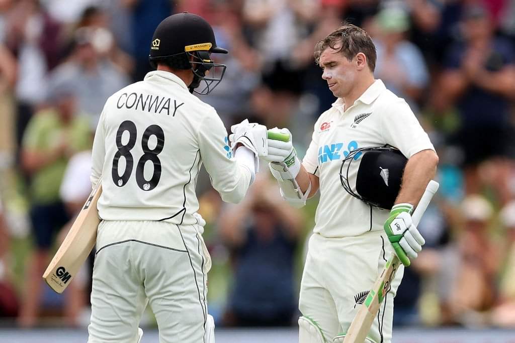 Devon Conway congratulates Tom Latham on his hundred. Day 1, New Zealand vs Bangladesh 2nd Test, Christchurch. © Getty Images     