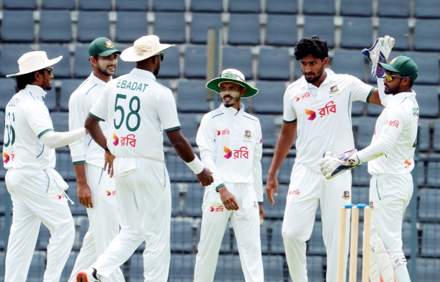 Bangladesh A pacer Khaled Ahmed is celebrating wicket with his teammates [BDCricTime]