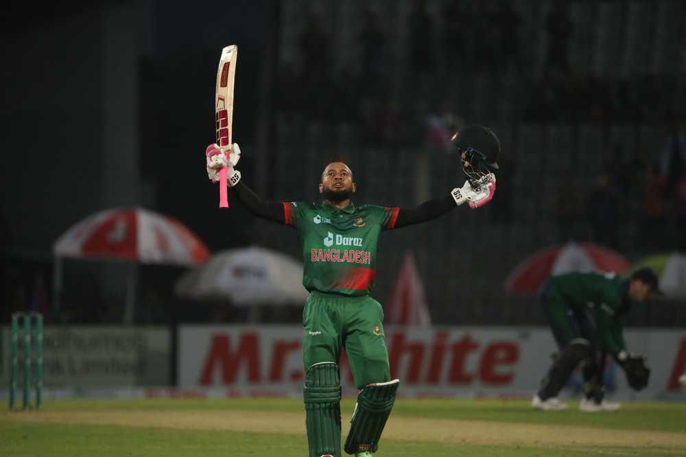 Mushfiqur Rahim celebrates after scoring a 60-balls century.