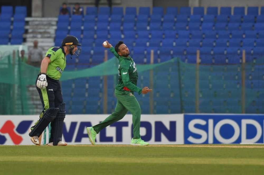 Shakib Al Hasan in action against Ireland