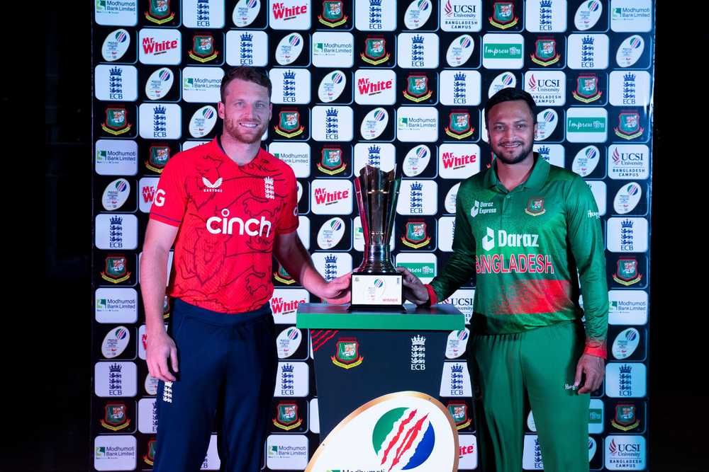 Shakib Al Hasan & Jos Buttler unveil the T20I series trophy